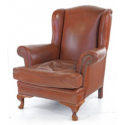 Vintage Tan Full Grain Leather Wingback Armchair
