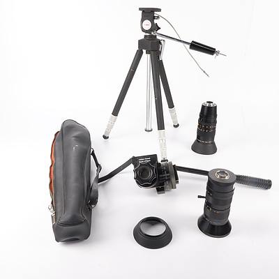 Fluid Effect Hand Held Video Stand, Cannon 16-100mm Zoom Lens, FuJi Video Zoom Lens and Minette Tripod