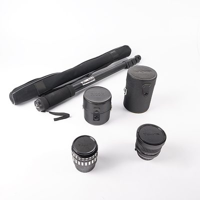 Tokina Lens with Case, German Macro Lens in Ricoh Case and Monopod with Soft Carry Case