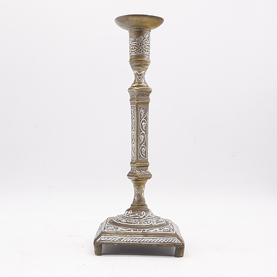 Cairoware Silver Inlaid Brass Candlestick, Cairo or Damascus 19th Century