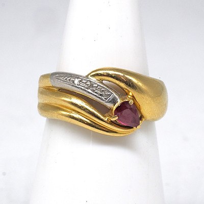 18ct Yellow Gold and White Gold Ring with Tear Drop Ruby and Three Round Brilliant Cut Diamonds