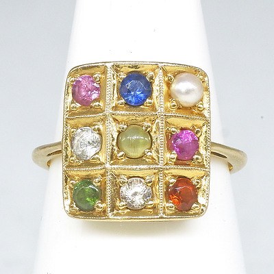 18ct Yellow Gold Coloured Gemstone Ring in Square Checker Board Arrangement