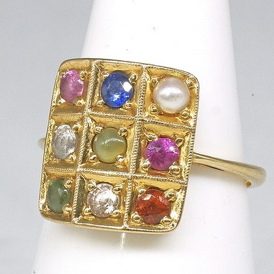 18ct Yellow Gold Coloured Gemstone Ring in Square Checker Board Arrangement