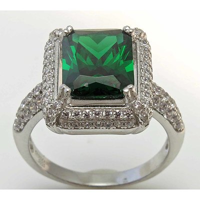 Sterling Silver Ring - Emerald Green CZ, Pave Set with White CZ