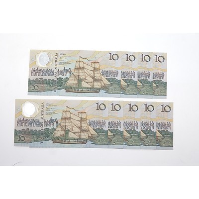 Nine 1988 Australian Polymer Bicentennial Commemorative $10 Notes, Consecutively Numbered Sets Including AB25941701-AB25941703