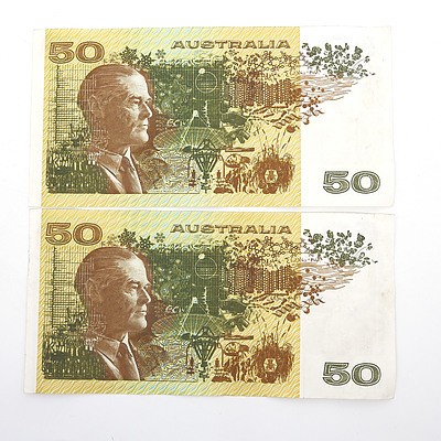 Two Consecutively Numbered $50 Johnston/ Fraser Paper Notes, YXB597990-YXB597991