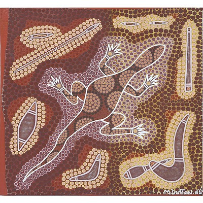 M Dutton, Aboriginal Painting of Goanna with Spear and Boomerang 1996, Oil on Board