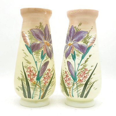 Pair of Hand Painted Victorian Milk Glass Mantle Vases
