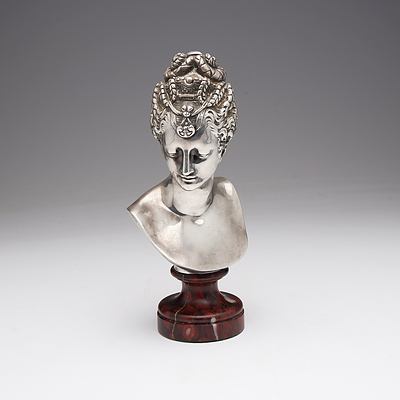 Cast Polished Metal Classical Style Bust on a Turned Marble Socle Signed Geslin Ron, 20th Century
