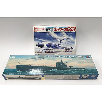 Two DIY Unassembled Model Kits including: Thunderbirds Atomic Airliner Mk.6 Fire Flash 1/350 Scale, Trumpeter USS Gato SS-212 1941 1/144 Scale
