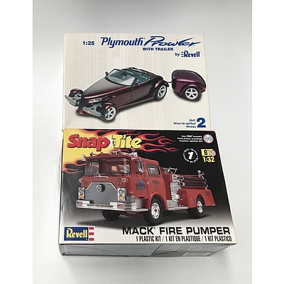 Revell Snap Tite Mack Fire Pumper 1:32 Scale Plastic Model Kit and Plymouth Prowler with Trailer 1:25 Plastic Model kit