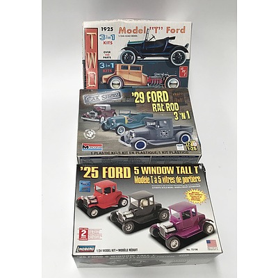 Three Plastic Car Model Kits for Model T Ford, '29 Ford Rat Rod and '25 Ford Window Tail T.