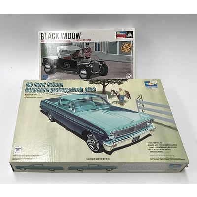 Monogram Hobby Kits Black Widow 1:24th Scale Ford Model T Pickup Rod Plastic Model Kit and Trumpeter 65 Ford Falcon Ranchero Pickup Plastic Model Kit 1:25th Scale