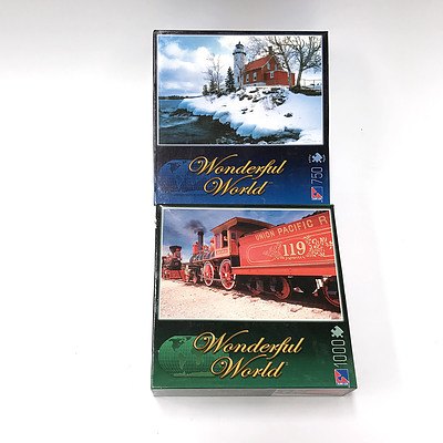 Two 'Wonderful World' Puzzles, 1000 Piece 'Steam Engine' and 750 Piece 'Eagle Harbor'