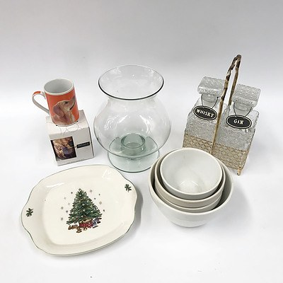 Assorted Kitchenware including: Ashdene Mug, Modern Gin and Whiskey Decanter, Large Decorative Glass and Plates