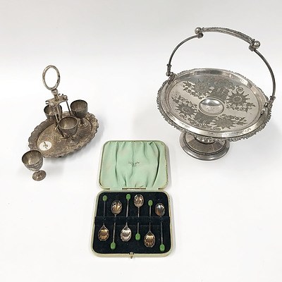 Set of Egg Cups with Spoons, Platform Serving Tray with Handle and Set of Six Duchess Plate Spoons in Case