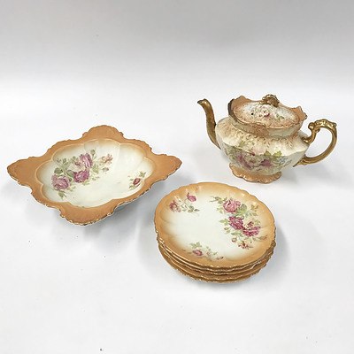 S.F. & Co Royal Devo Teapot Made in England and 5 Plates with Matching Serving Dish