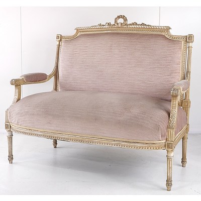 French Louis XVI Style Carved Beech and Ivory Painted Settee, Mid 20th Century