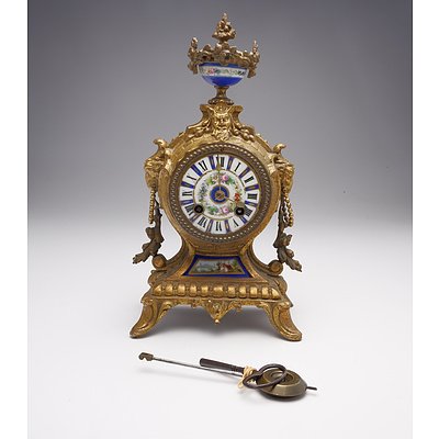 Antique French AD Mougin Ormolu Cased Mantle Clock With Hand Painted Porcelain Face and Urn Finial