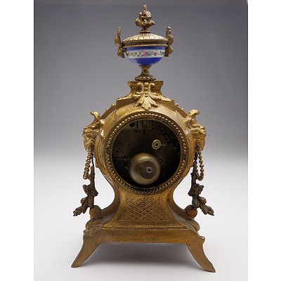 Antique French AD Mougin Ormolu Cased Mantle Clock With Hand Painted Porcelain Face and Urn Finial