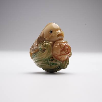Small Carved and Stained Vegetable Ivory Fish and Lotus Group with Inlaid Eyes