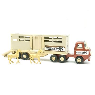 Vintage Tonka Tin Truck and Trailer with Two Horses