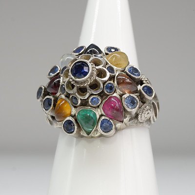 Asian Silver Ring with Multiple Cultured Gems in a Tiered Arrangement, Including Sapphire