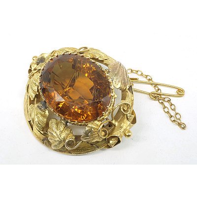 Antique Australian 18ct Yellow Gold Citrine Brooch with Vine Leaf Boarder, Mid 19th Century