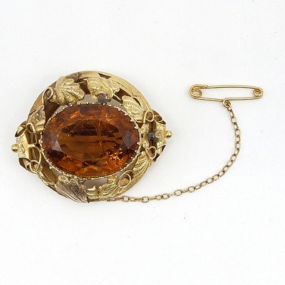Antique Australian 18ct Yellow Gold Citrine Brooch with Vine Leaf Boarder, Mid 19th Century