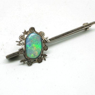 Sterling Silver Bar Brooch with Solid Opal Oval Cabochon