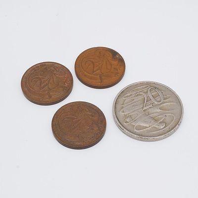 1967 Australian 20 Cents, Two 1966 & One 1970 Australian 2 Cent Coins