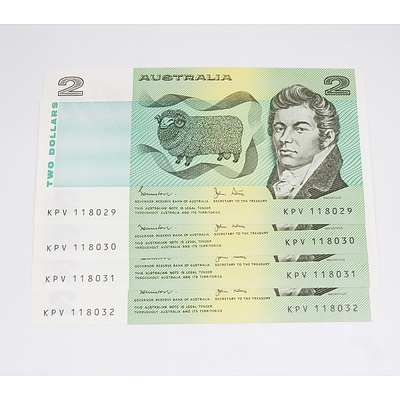 Four 1983 Australian Two Dollar Banknotes Consecutively Numbered - Uncirculated