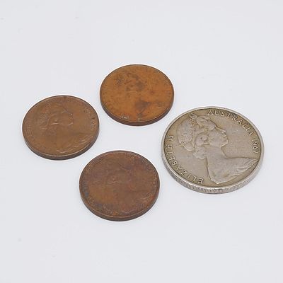 1967 Australian 20 Cents, Two 1966 & One 1970 Australian 2 Cent Coins