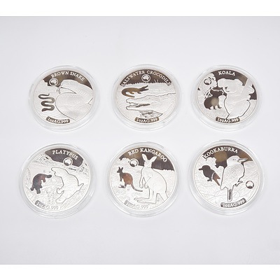 Six 2019 Solomon Islands Silver Plate One Dollar Australian Wildlife Medallions