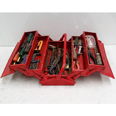 3 Tier Red Folding ToolBox with Tools Including; Old Drop Forged Tin Snips, Assorted Screwdrivers, Hammer, Pliers Etc.