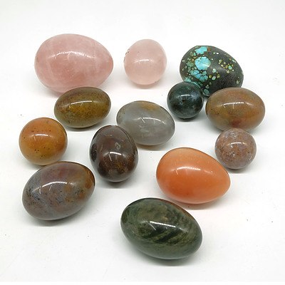 Group of Various Polished Gemstone Eggs, Including Moss Agate