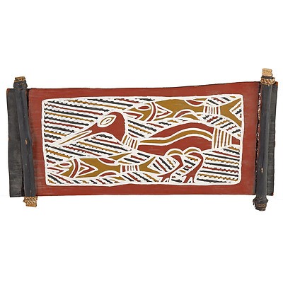 Aboriginal Artist Unknown (Arnhem Land) Waterbird and Fish, Ochre on Bark