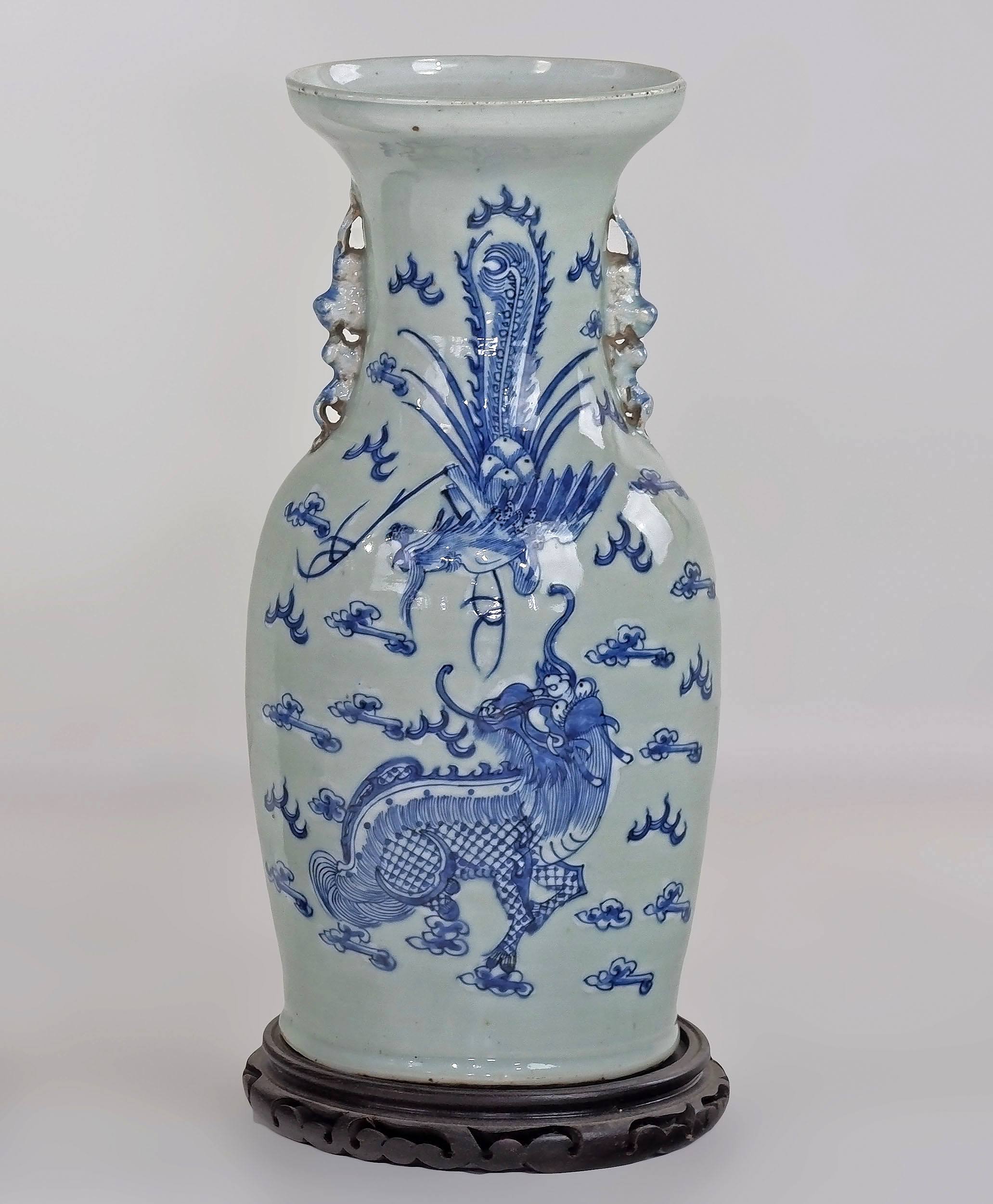 'Chinese Celadon Ground and Underglaze Blue and White Vase Decorated with a Kylin and Phoenix, Late 19th/Early 20th Century'