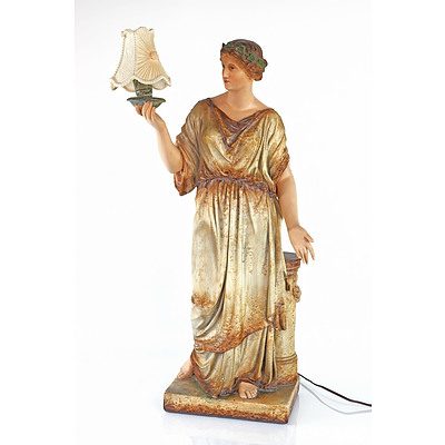 Antique Painted Plaster Figural Lamp Depicting a Robed Grecian, Early 20th Century