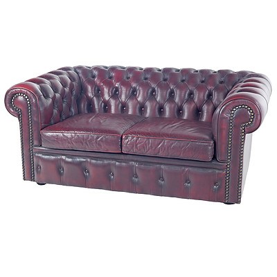 Moran Burgundy Leather Button Upholstered Two Seater Sofa