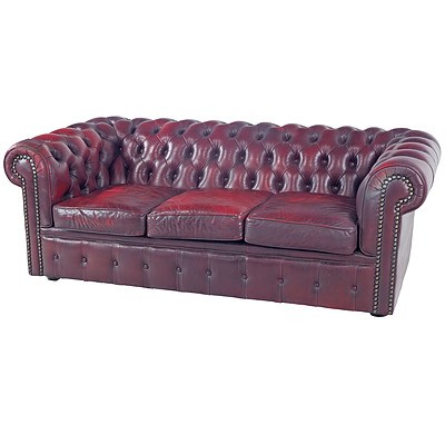 Moran Burgundy Leather Button Upholstered Three Seater Sofa