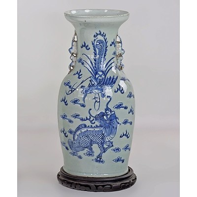 Chinese Celadon Ground and Underglaze Blue and White Vase Decorated with a Kylin and Phoenix, Late 19th/Early 20th Century