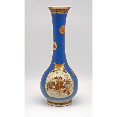 Tall Japanese Satsuma Vase with Blue Ground, Meiji Period 1868-1912