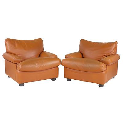 Pair of Italian 1970s Tan Leather 'Simona' Lounge Chairs and Ottomans Designed by Francesco Buzzi Ceriani for Ferruccio Brunati, Meda