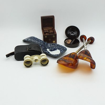Pair of Faux Tortoise Shell Shoe Forms, Vintage USSR Opera Binoculars, Japanese Otagiri Cooking Spoon