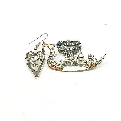 Sterling Silver and Enamel Gondola, Silver Pendant and Silver Earring