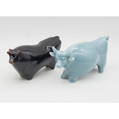 Celadon Glaze Ceramic Bull and Brown Glaze Ceramic Cow
