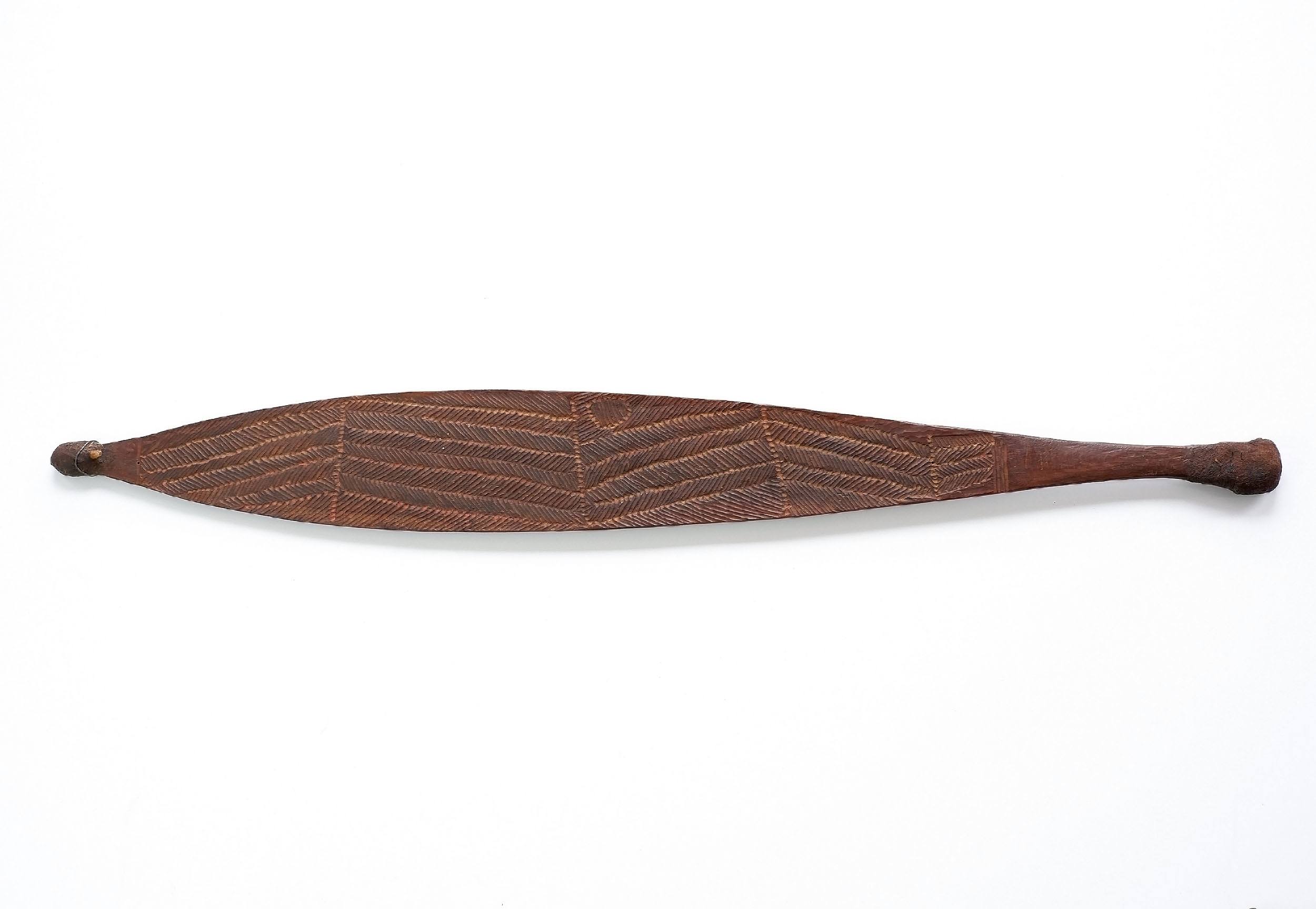'Aboriginal Spearthrower (Woomera), Intricately Incised Hardwood, Western Australia Early to Mid 20th Century'