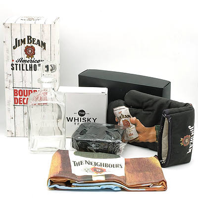 Jim Beam American Stillhouse Glass Bourbon Decanter, 'The Whisky Trail' Silicone Ice Cube Moulds, Jim Beam Novelty Apron and Oven Mitt