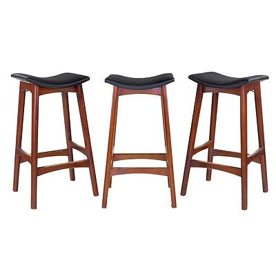 Set of Three Johannes Anderson Style Black Leather Upholstered Bar Stools